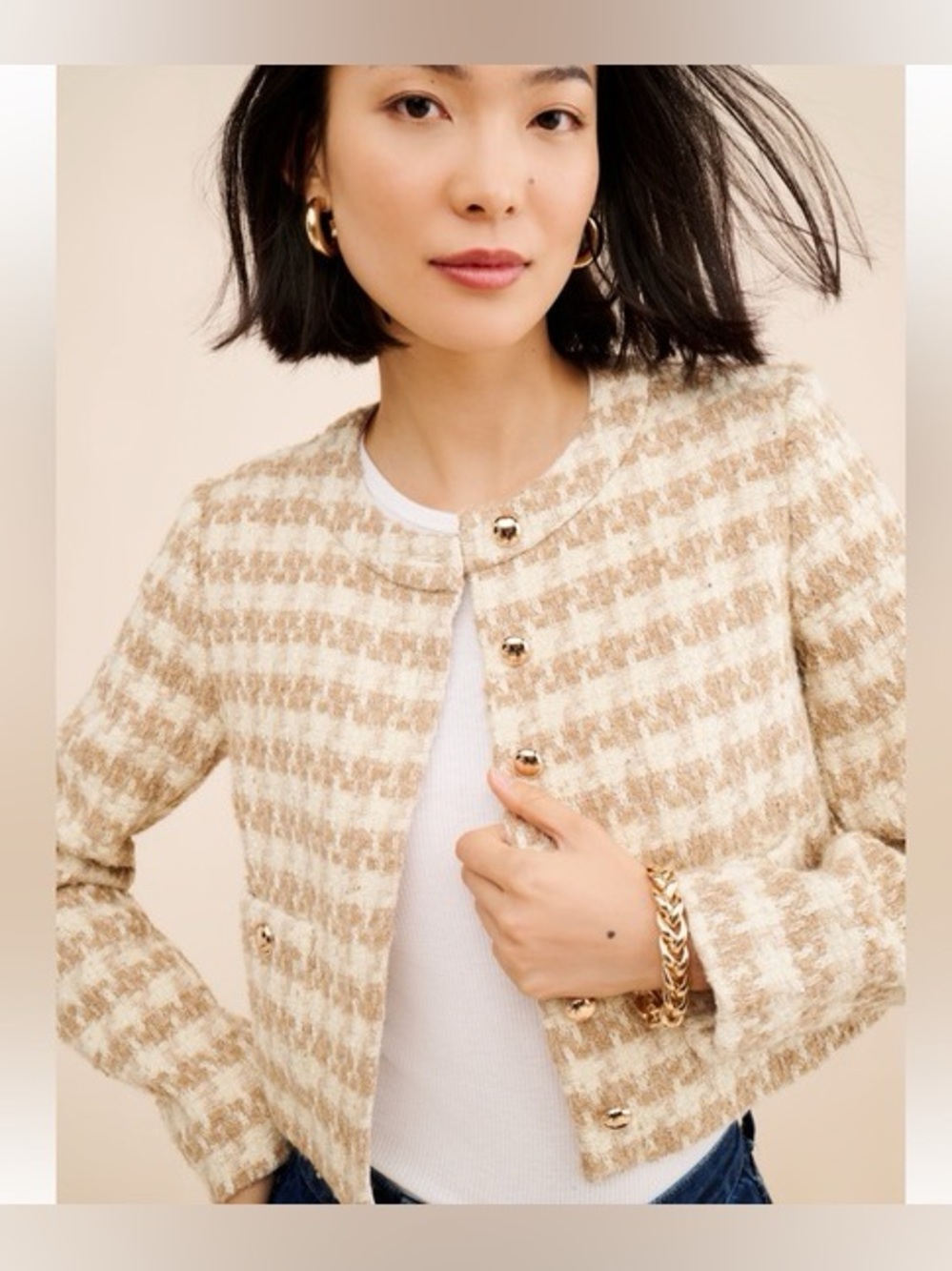 Amanda Uprichard Tweed Cropped Jacket Beige Cream Houndstooth Size L AS IS